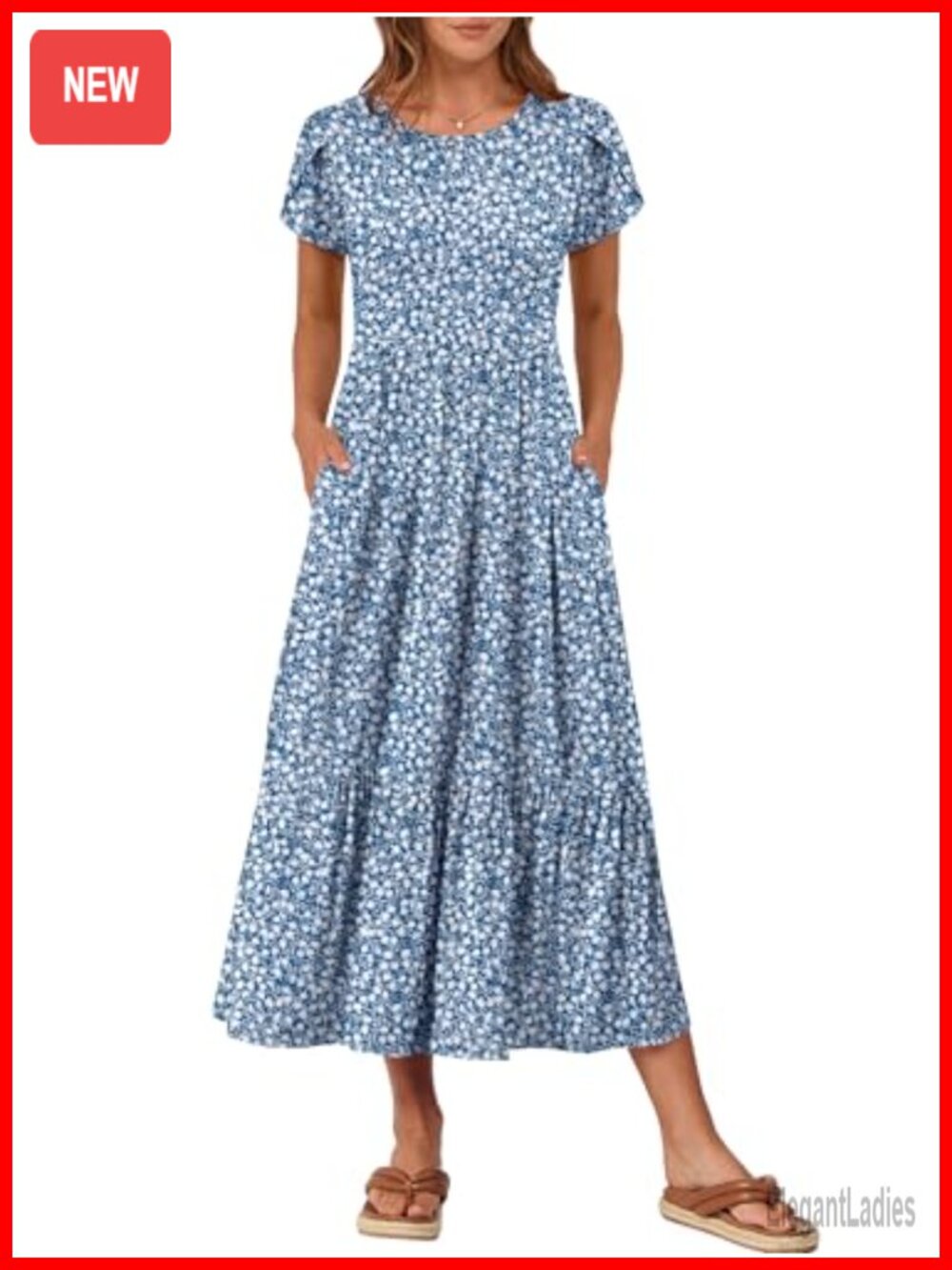 Womens Summer Petal Short Sleeve Maxi Dress with Pockets